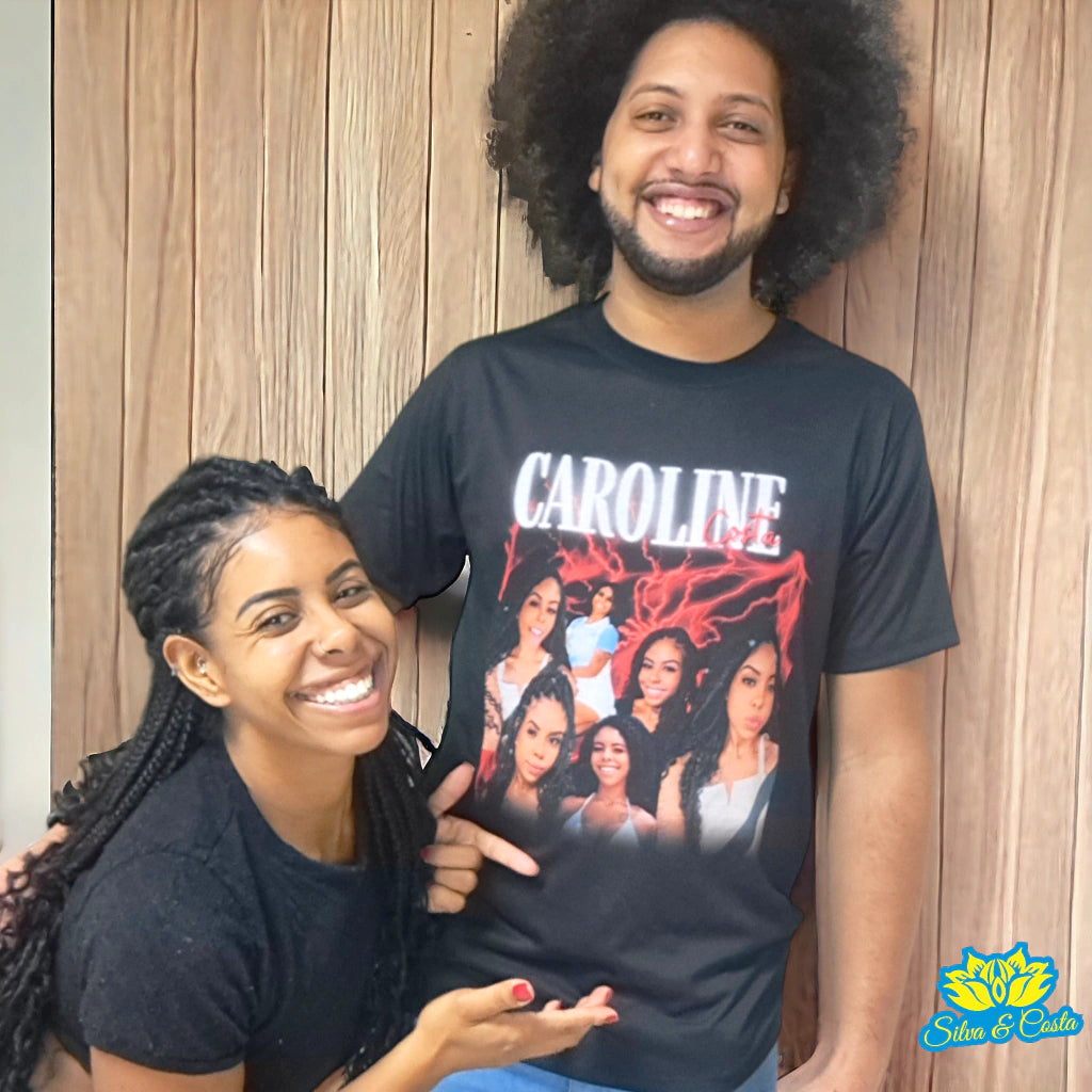 Camiseta Personalizada Bootleg - Capa de Revista com Nome e Foto para Presentear Namorado e Namorada Presente Casal