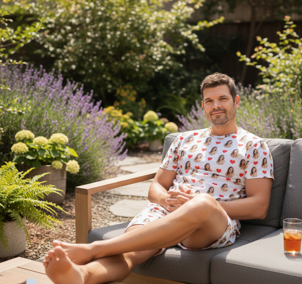 Pijama Masculino Personalizado Branco com Fotos Presente Romântico Casal Visualização 3D Exclusiva