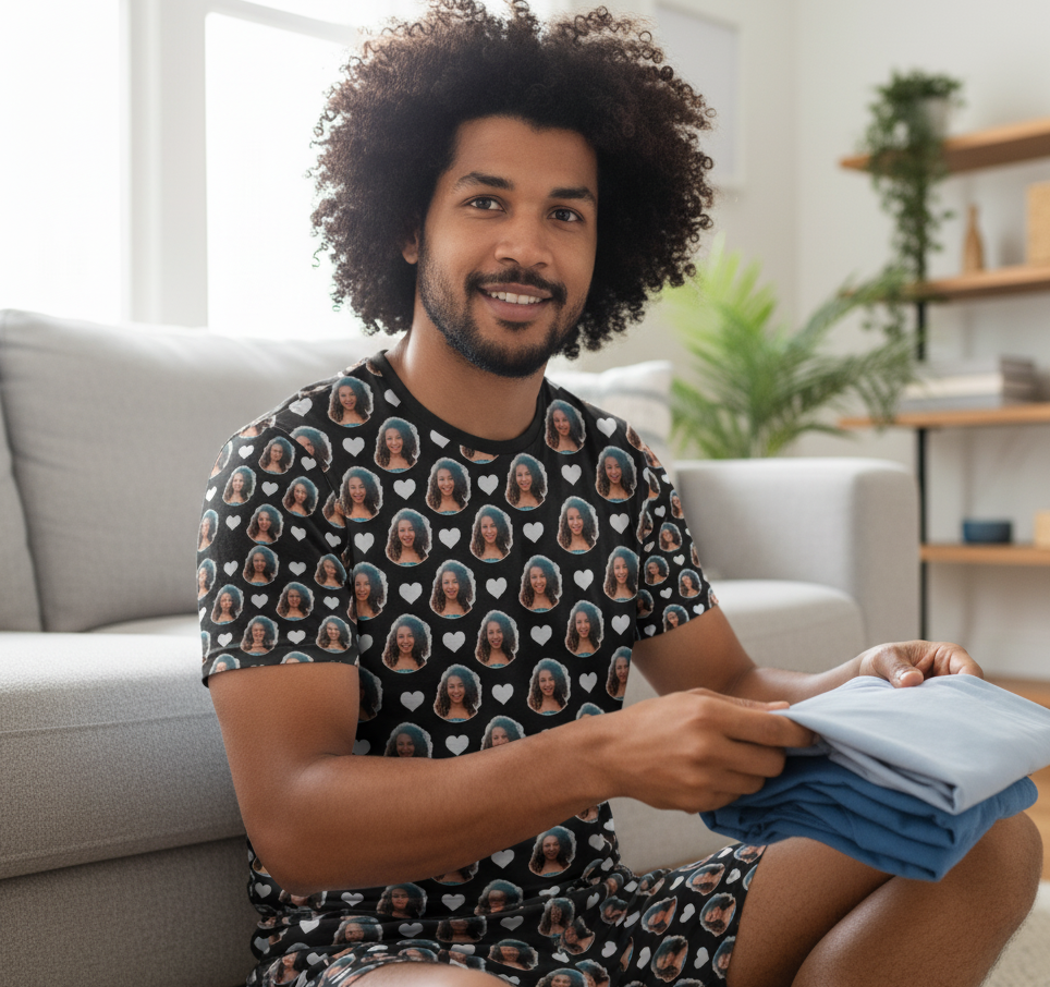 Pijama Masculino Personalizado Preto com Fotos Presente Namorado Marido Tecnologia Visualização 3D