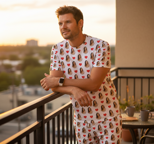 Pijama Masculino Personalizado Branco com Fotos Presente Romântico Casal Visualização 3D Exclusiva