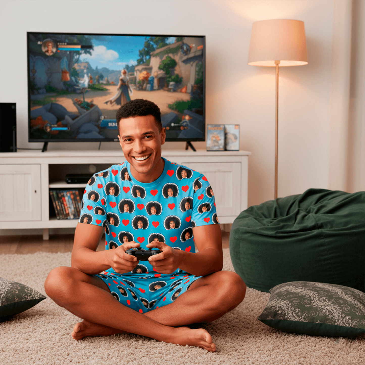 Pijama Masculino Personalizado Azul com Fotos Presente Aniversário Namoro Preview 3D Tempo Real