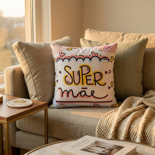 Almofada decorativa personalizada com frase 'Super Mãe' — Presente Dia das Mães