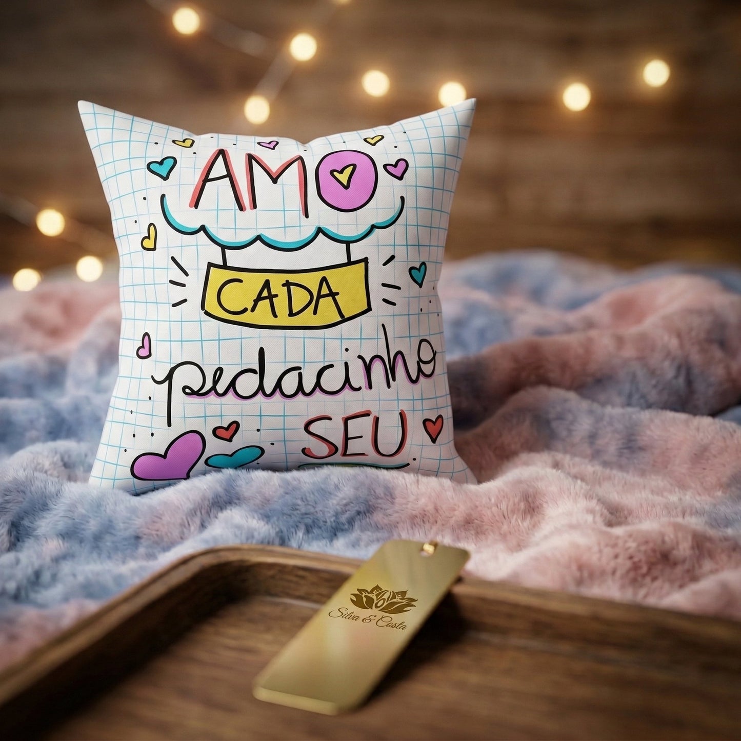 Almofada personalizada com foto e frase estilo doodle — Presente romântico casal