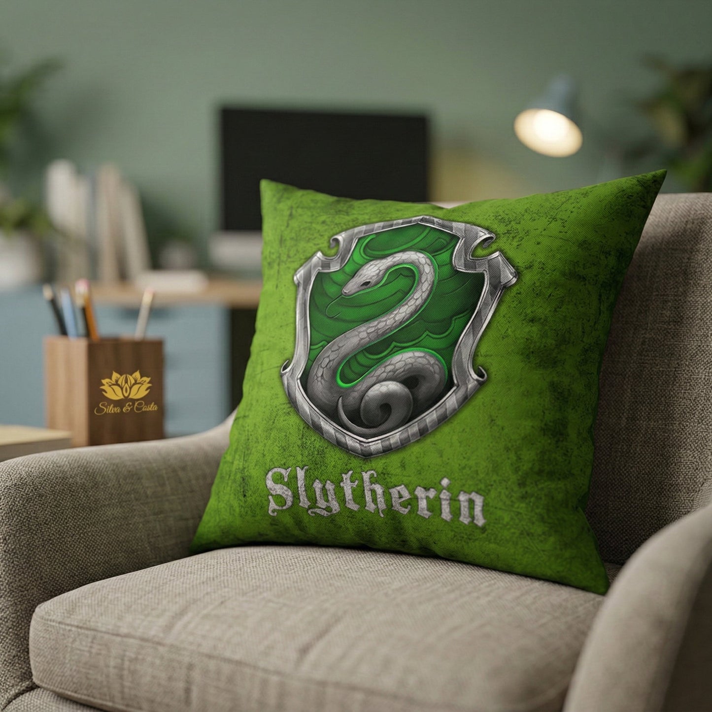 Almofada Personalizada com Nome 40x40 — Presente Harry Potter Slytherin Verde