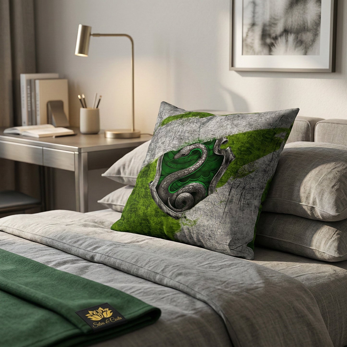 Almofada Personalizada com Nome — Harry Potter Sonserina Verde e Cinza