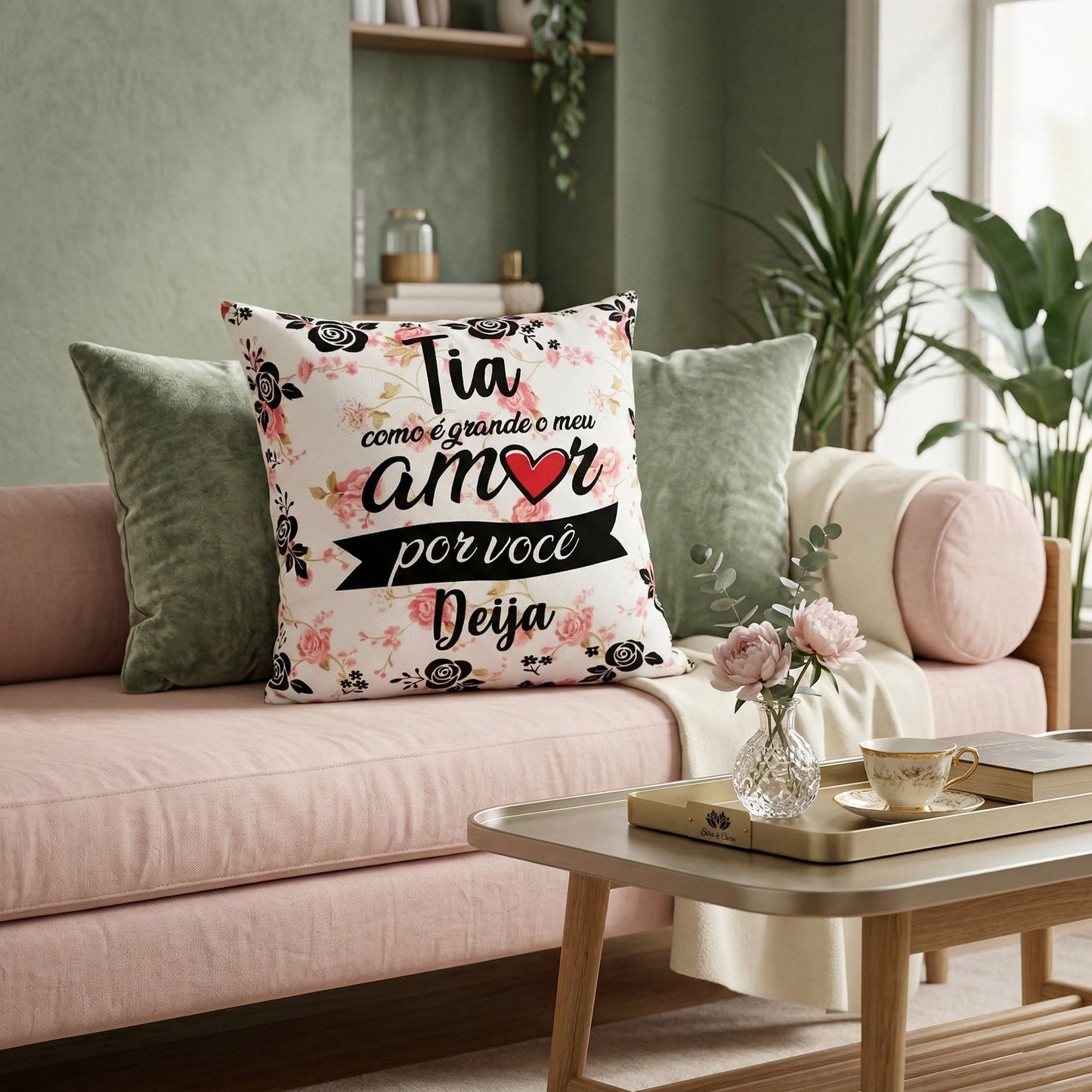 Almofada Personalizada com Frase e Nome — Presente Floral para Tia