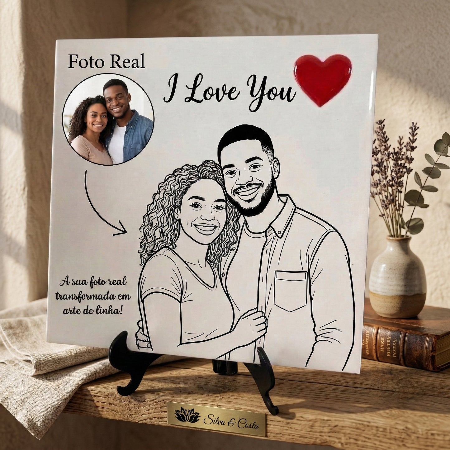 Azulejo personalizado 20x20cm com foto e frase romântica | Presente romântico