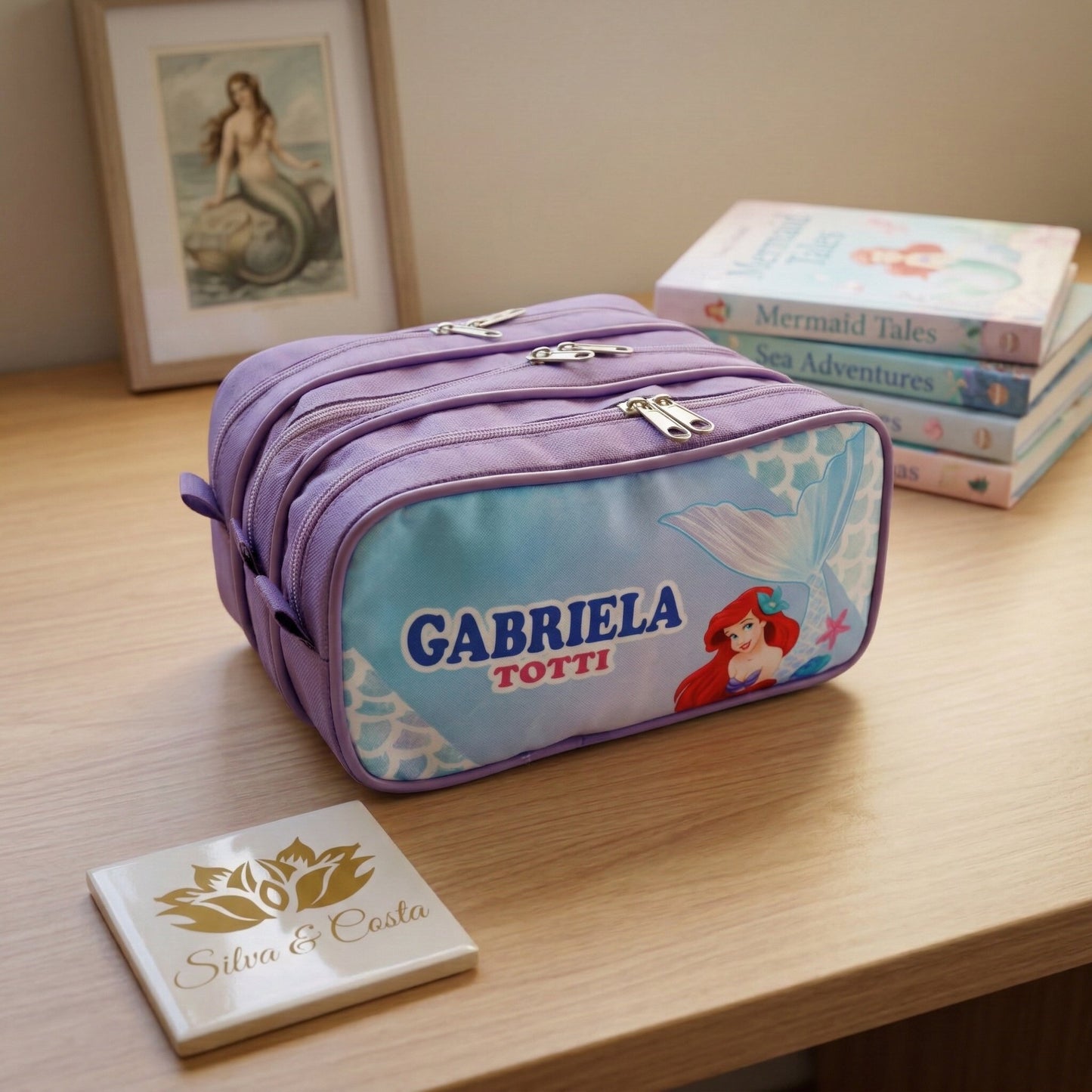 Estojo escolar personalizado com nome | infantil tema sereia, 3 divisórias