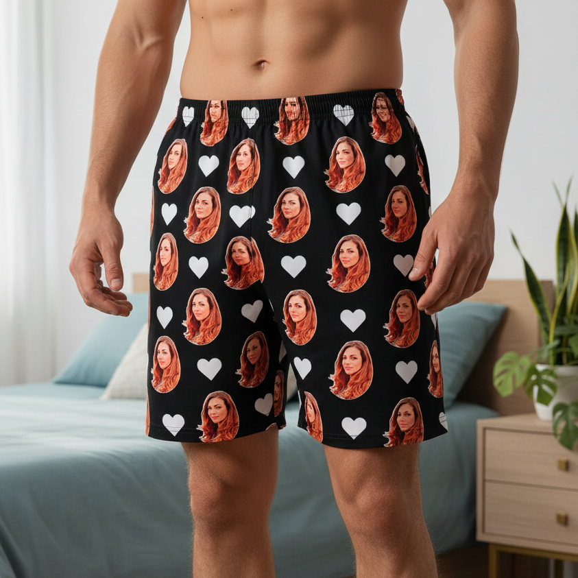 Samba Canção Preta Personalizada Com Fotos e Corações Presente Casal