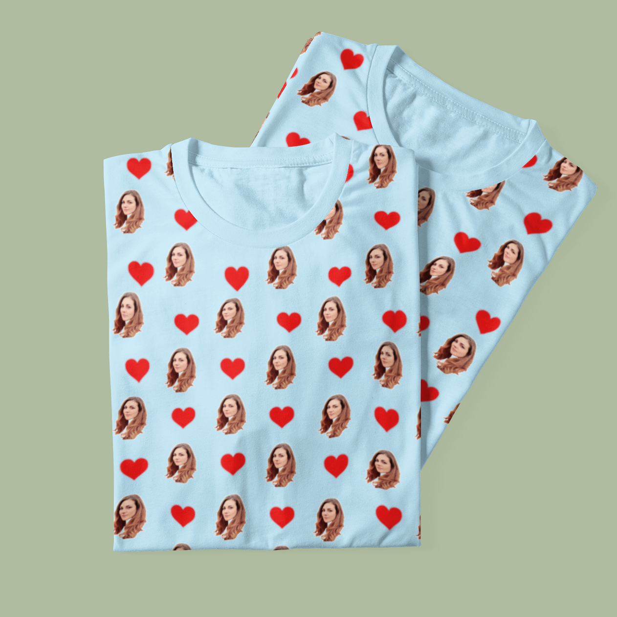 Camiseta Azul Personalizada Com Fotos e Corações Presente Casal