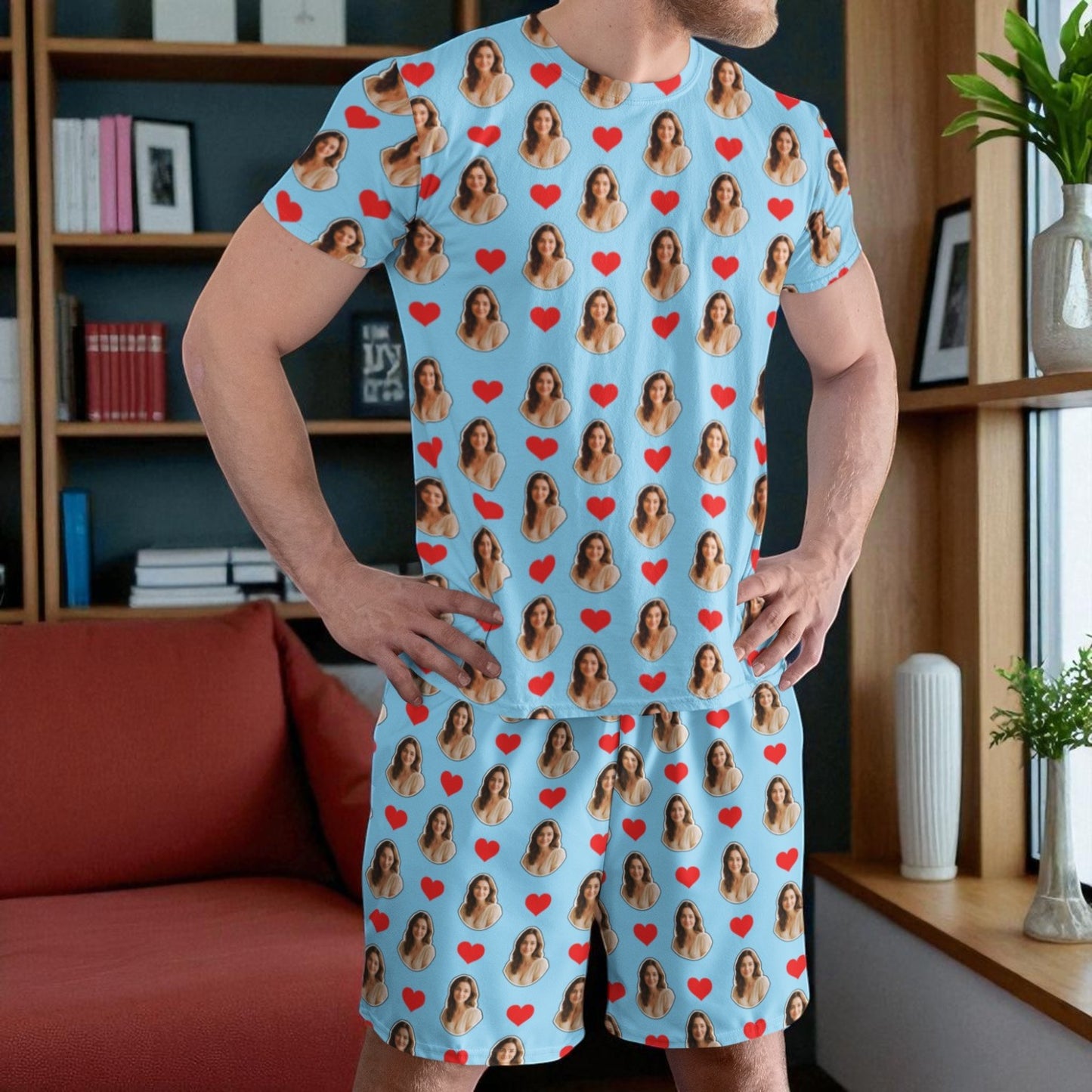Pijama Masculino Personalizado Azul com Fotos Presente Aniversário Namoro Preview 3D Tempo Real