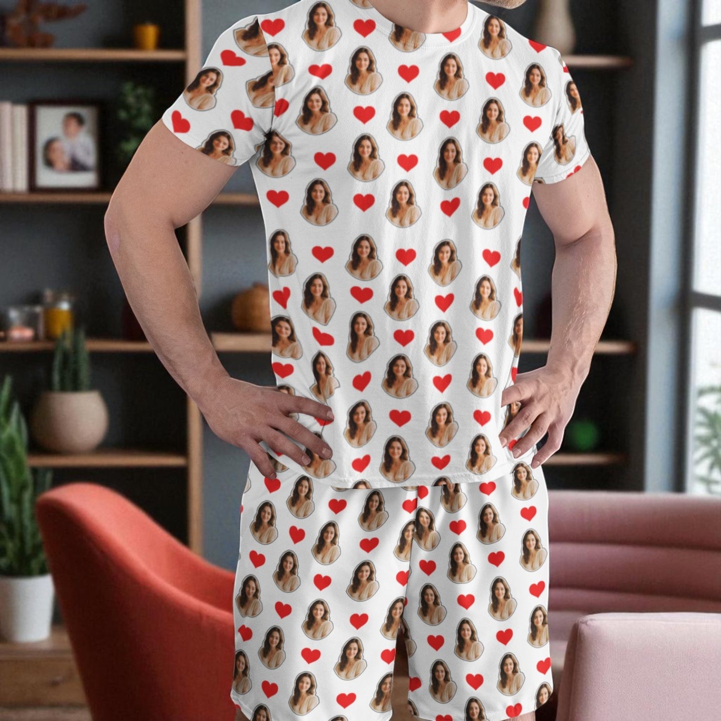 Pijama Masculino Personalizado Branco com Fotos Presente Romântico Casal Visualização 3D Exclusiva