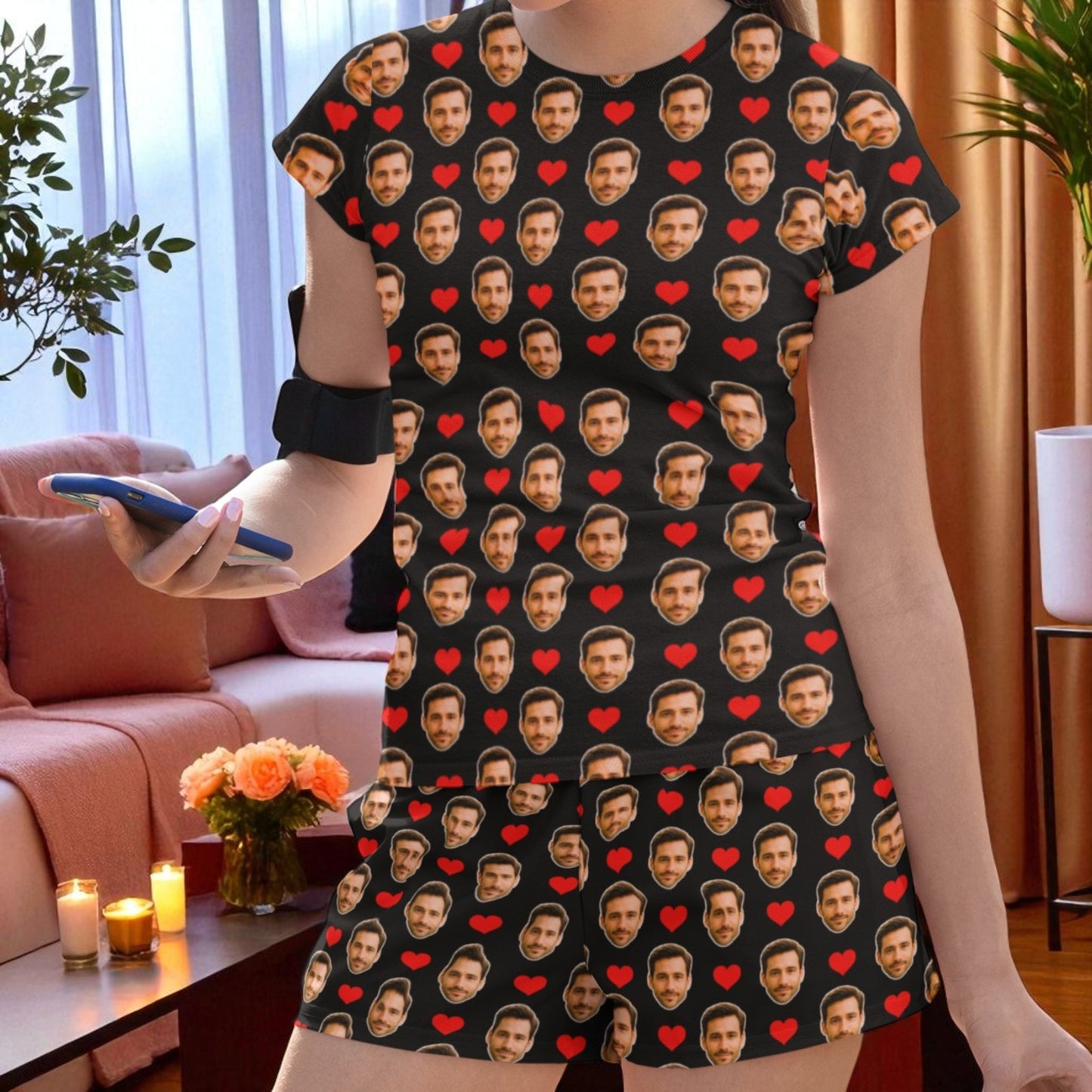 Pijama Feminino Personalizado Preto com Fotos - Presente Namorada Esposa - Tecnologia Visualização 3D