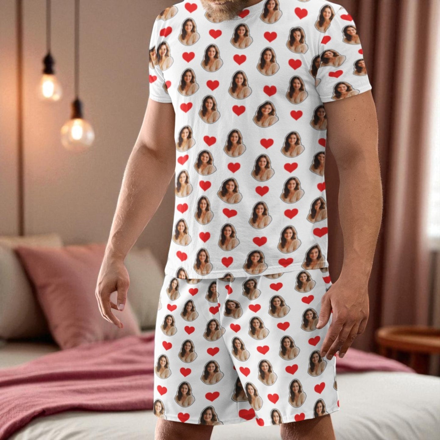Pijama Masculino Personalizado Branco com Fotos Presente Romântico Casal Visualização 3D Exclusiva