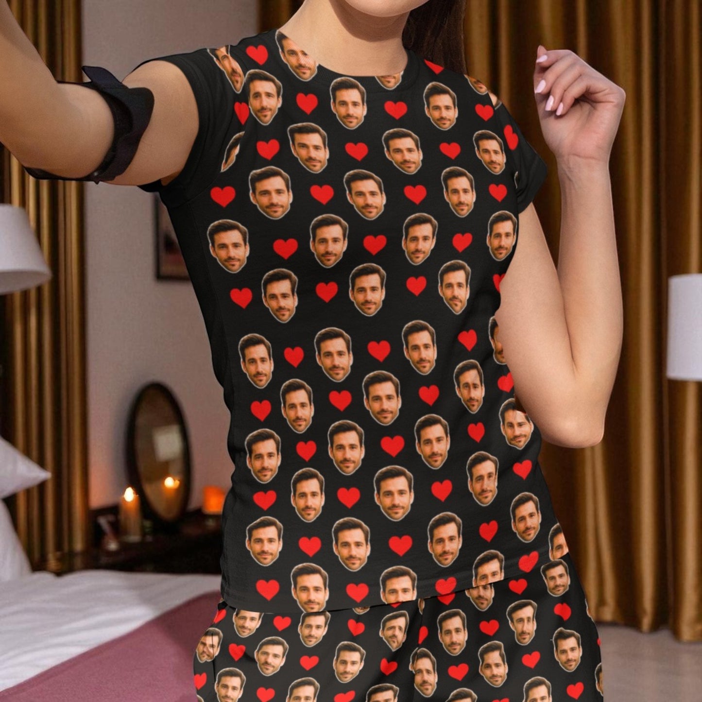 Pijama Feminino Personalizado Preto com Fotos - Presente Namorada Esposa - Tecnologia Visualização 3D
