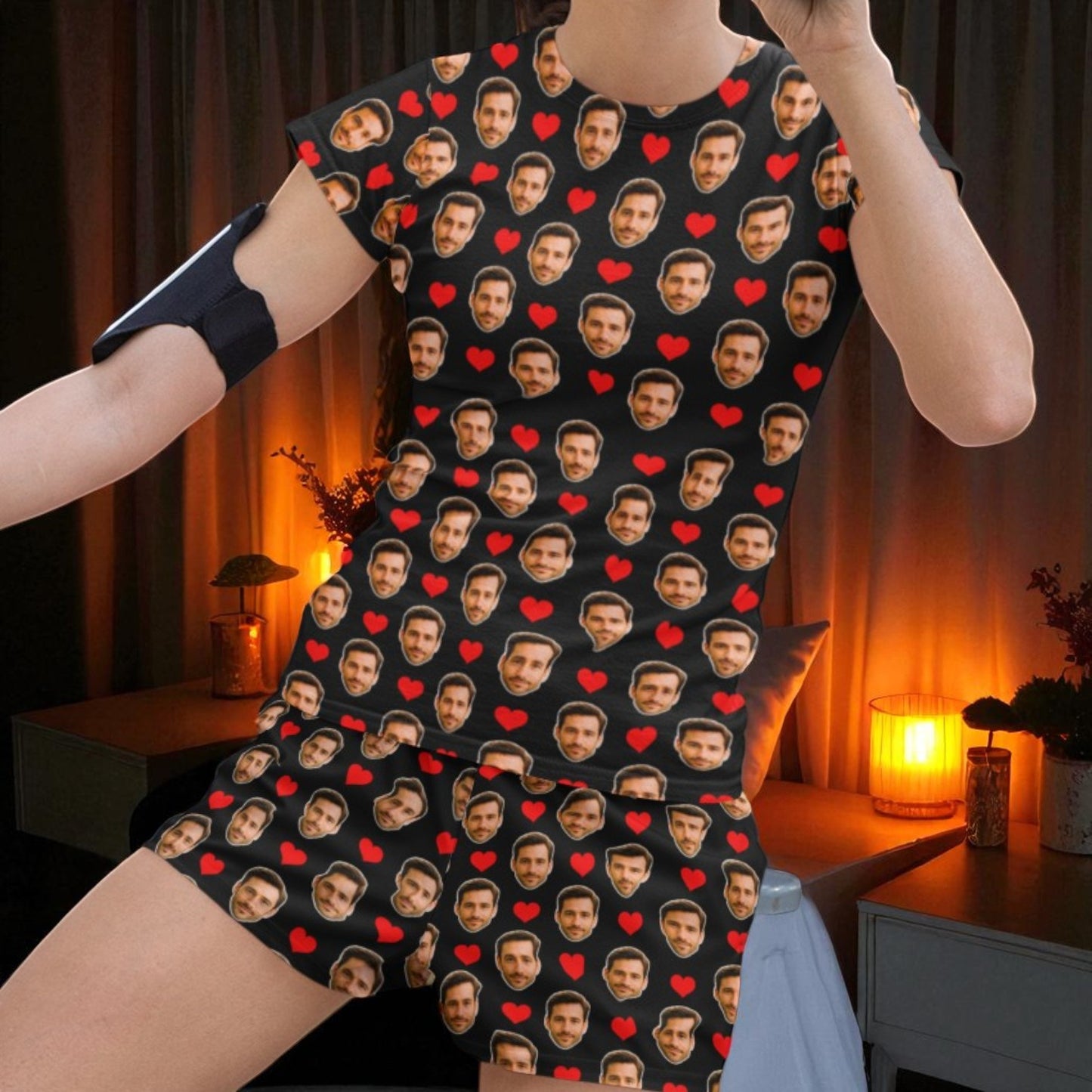 Pijama Feminino Personalizado Preto com Fotos - Presente Namorada Esposa - Tecnologia Visualização 3D