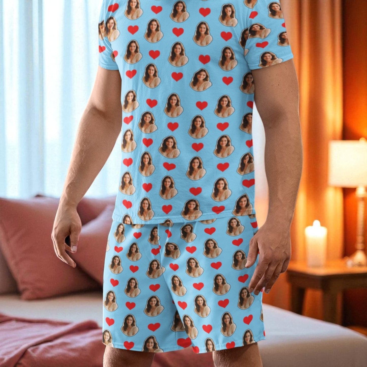 Pijama Masculino Personalizado Azul com Fotos Presente Aniversário Namoro Preview 3D Tempo Real