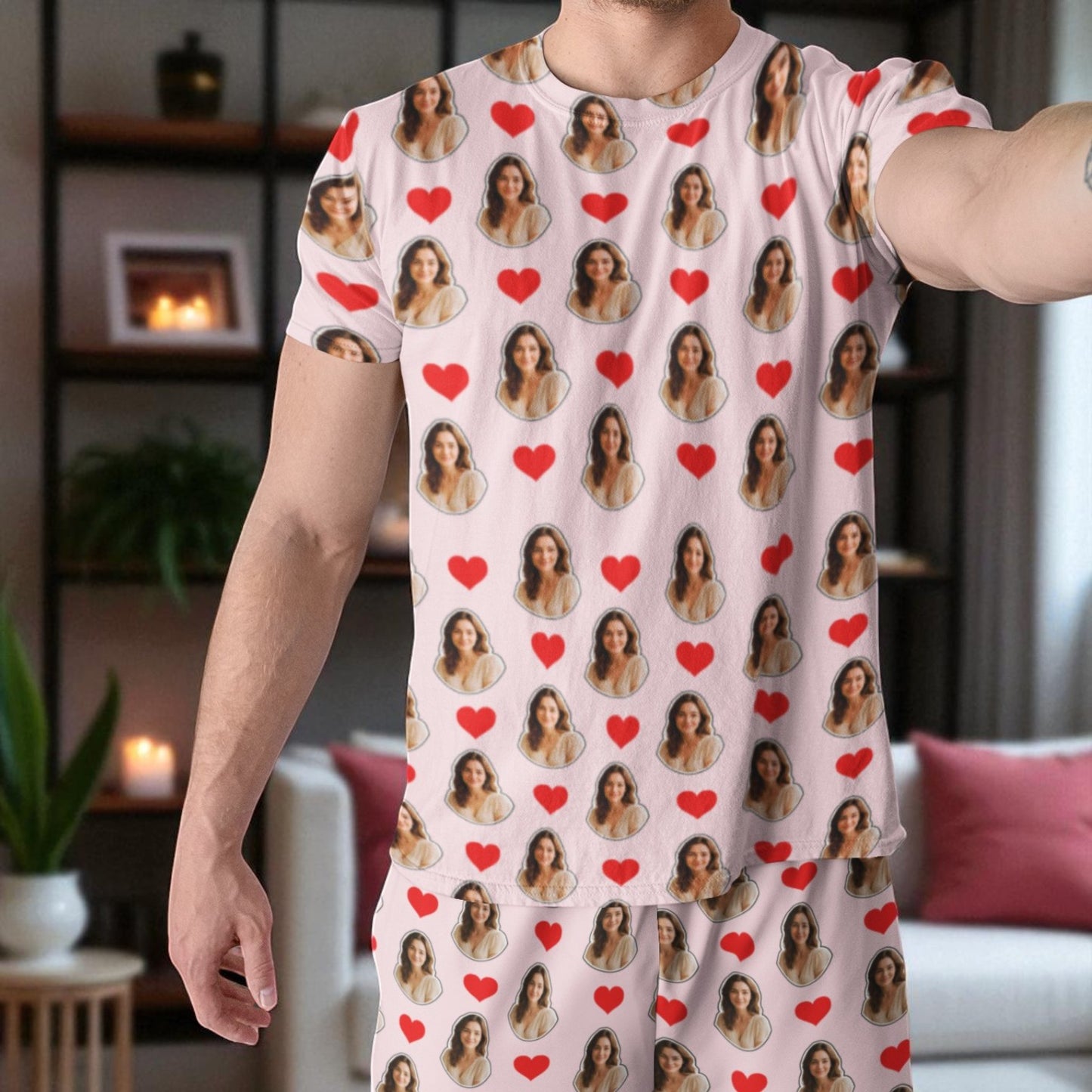 Pijama Masculino Personalizado Rosa com Fotos Presente Dia Namorados Personalização Visualização 3D