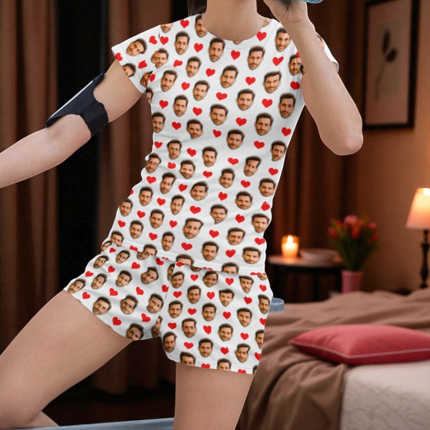 Pijama Feminino Personalizado Branco com Fotos Presente Romântico Casal Visualização 3D Exclusiva