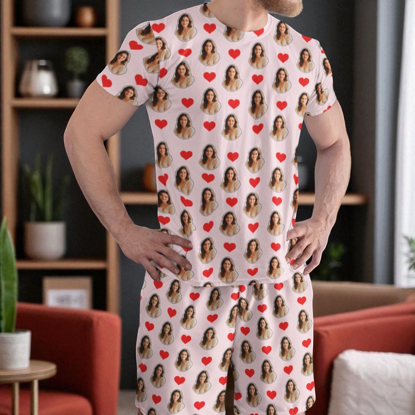 Pijama Masculino Personalizado Rosa com Fotos Presente Dia Namorados Personalização Visualização 3D