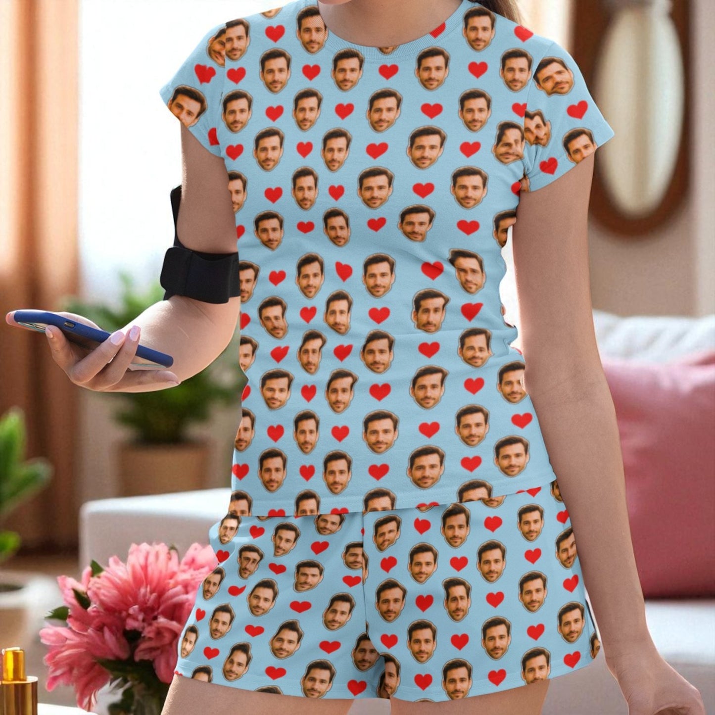 Pijama Feminino Personalizado Azul com Fotos Presente Aniversário Namoro Preview 3D Tempo Real