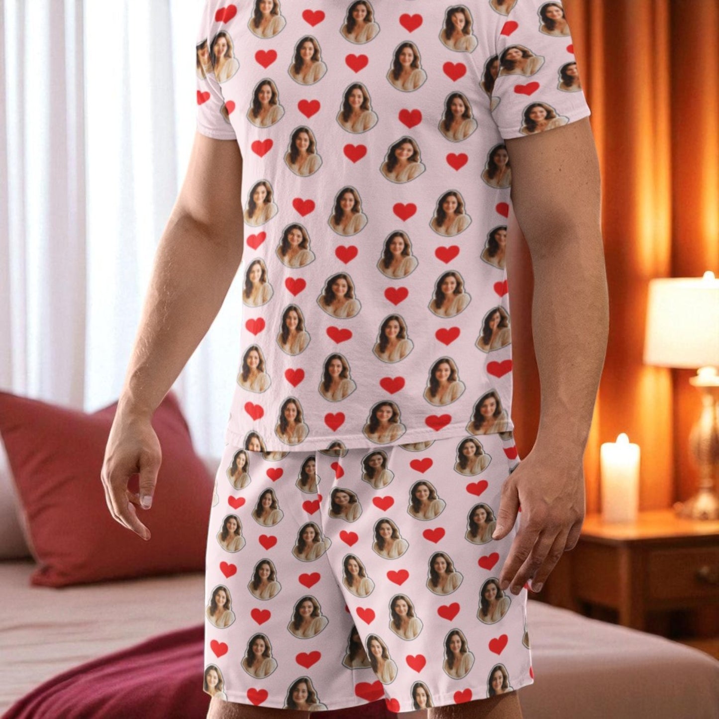 Pijama Masculino Personalizado Rosa com Fotos Presente Dia Namorados Personalização Visualização 3D