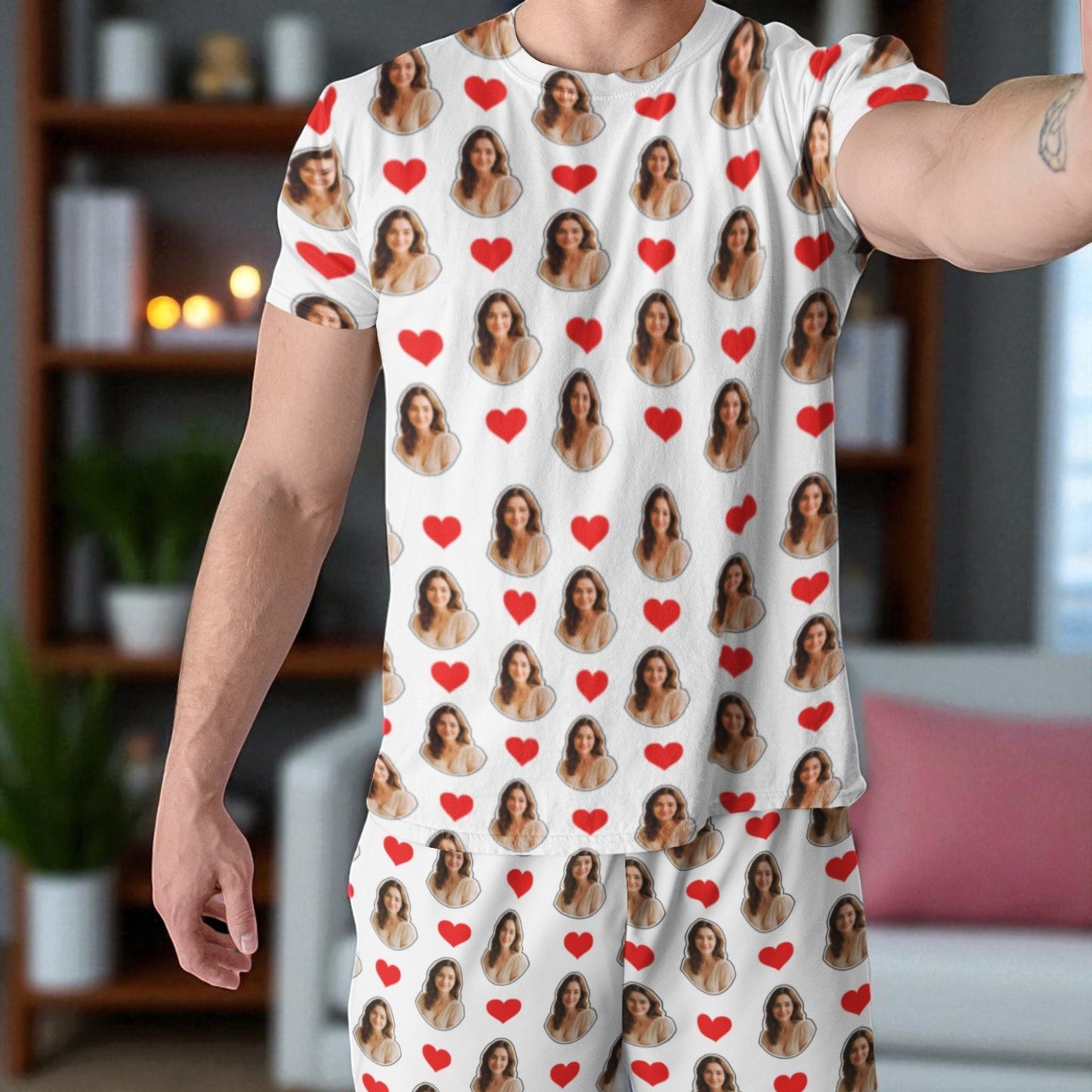 Pijama Masculino Personalizado Branco com Fotos Presente Romântico Casal Visualização 3D Exclusiva