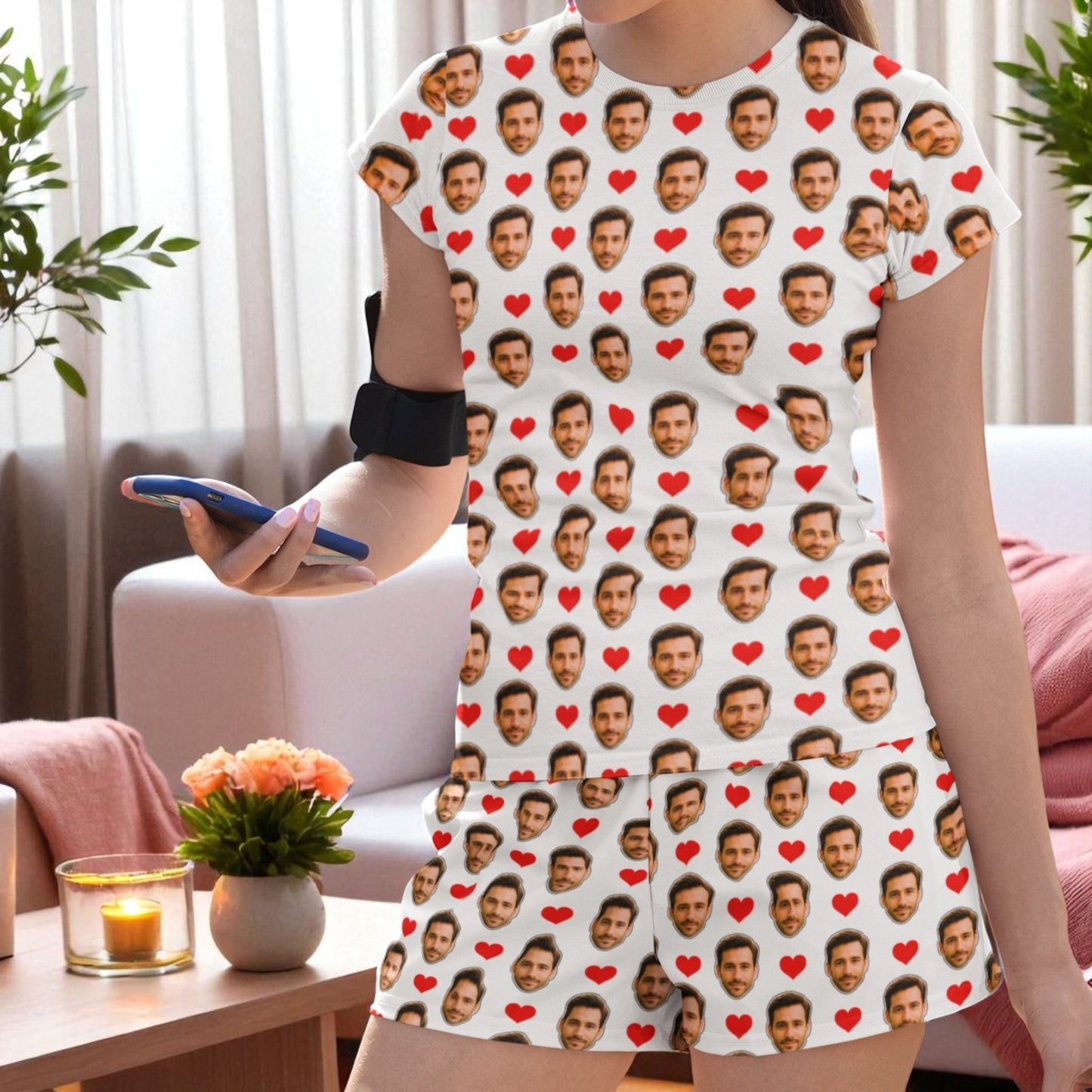 Pijama Feminino Personalizado Branco com Fotos Presente Romântico Casal Visualização 3D Exclusiva