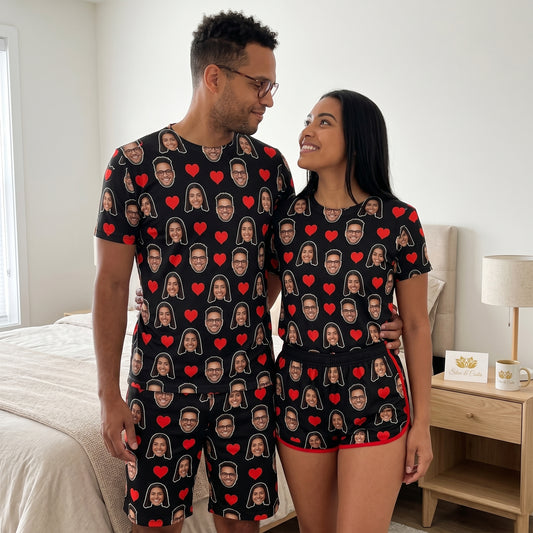 Pijama de Casal Preto Personalizado com Foto e Coração Vermelho Presente para Casal