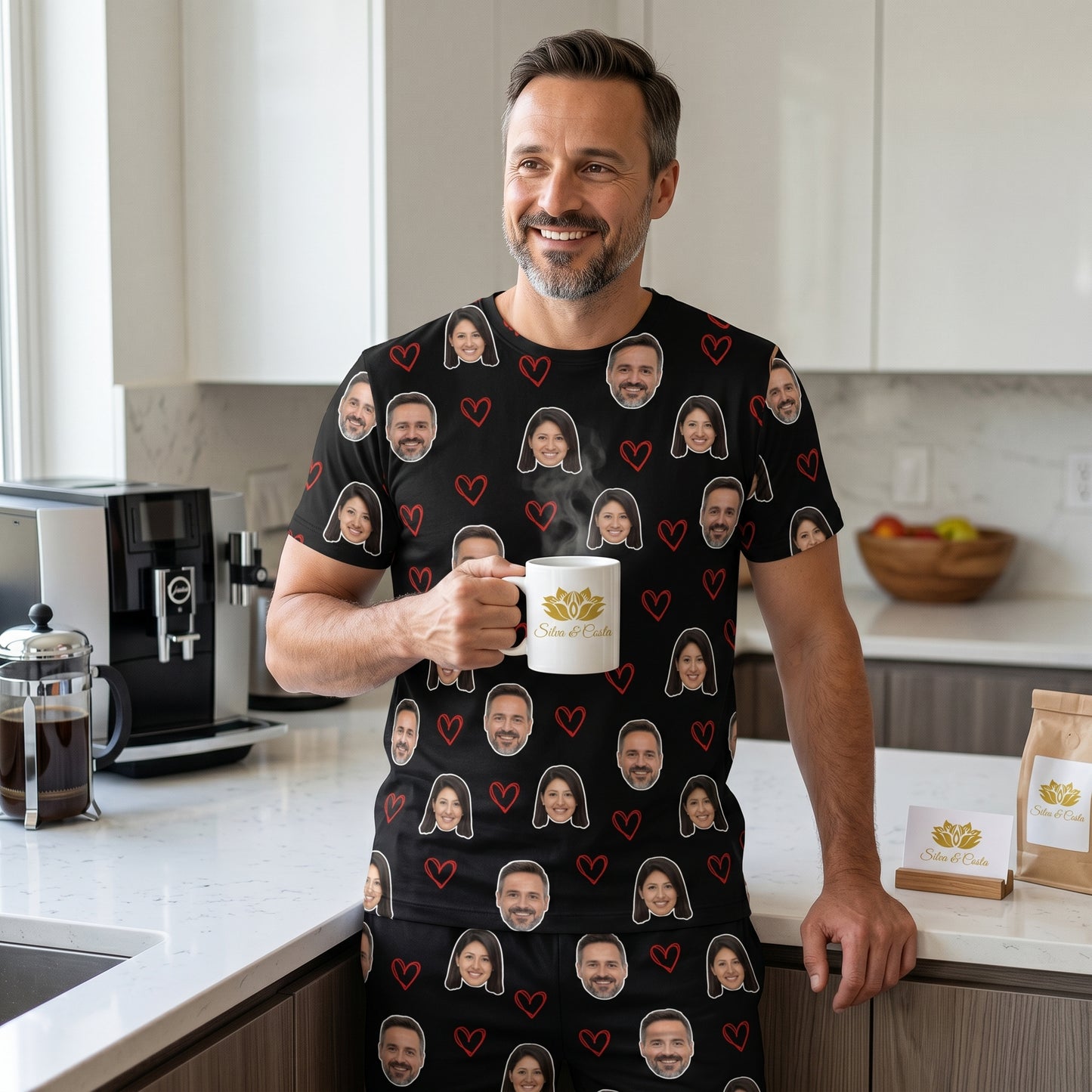 Conjunto Preto masculino Personalizado com Foto e Coração Vazado Vermelho
