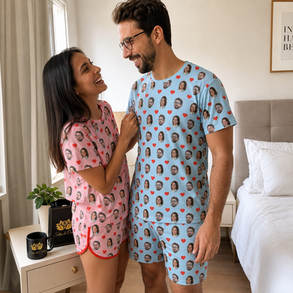 Pijama de Casal Azul e Rosa Personalizado com Foto e coração Vermelho Presente para Casal