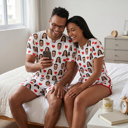 Pijama de Casal Branco Personalizado com Foto e Coração Vermelho Presente para Casal