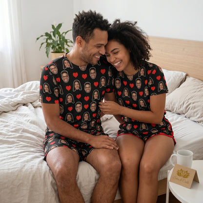 Pijama de Casal Preto Personalizado com Foto e Coração Vermelho Presente para Casal