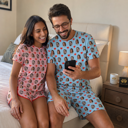 Pijama de Casal Azul e Rosa Personalizado com Foto e coração Vermelho Presente para Casal