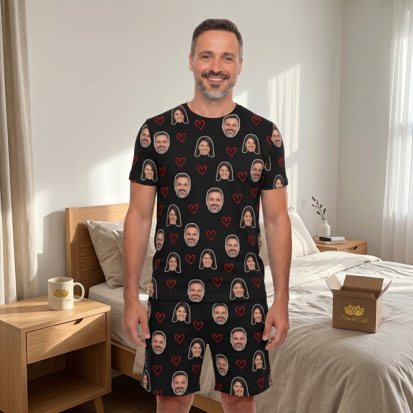 Conjunto Preto masculino Personalizado com Foto e Coração Vazado Vermelho