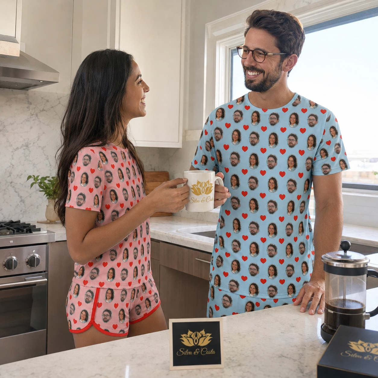 Pijama de Casal Azul e Rosa Personalizado com Foto e coração Vermelho Presente para Casal