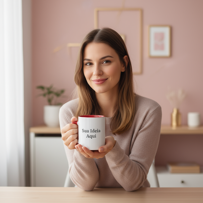 Caneca de Porcelana Personalizada com Interior e Alça vemelha