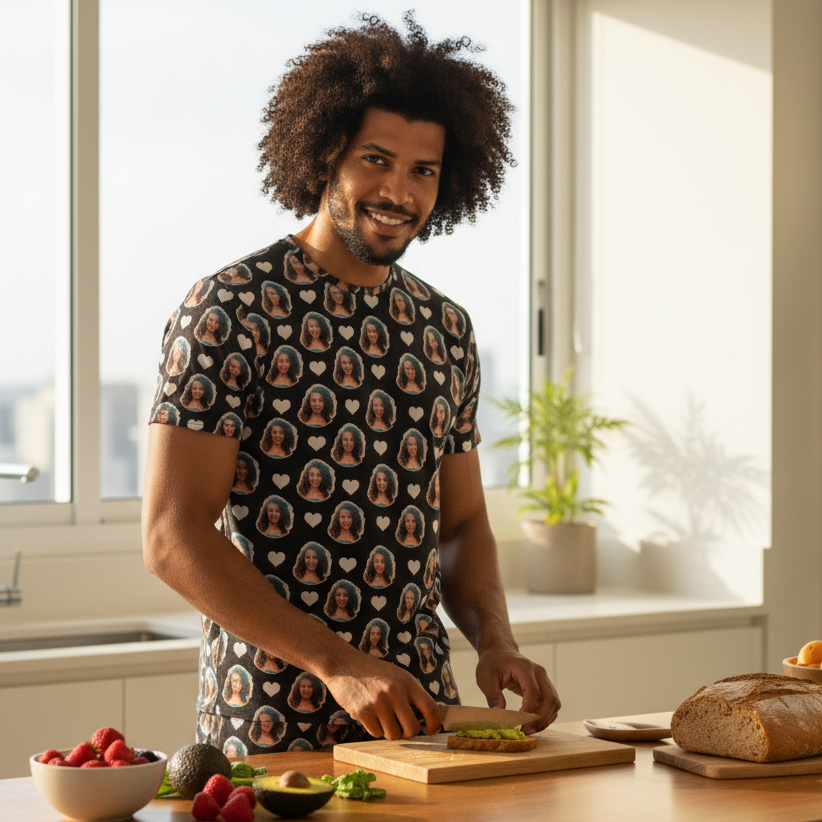 Pijama Masculino Personalizado Preto com Fotos Presente Namorado Marido Tecnologia Visualização 3D