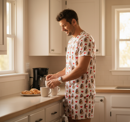 Pijama Masculino Personalizado Branco com Fotos Presente Romântico Casal Visualização 3D Exclusiva