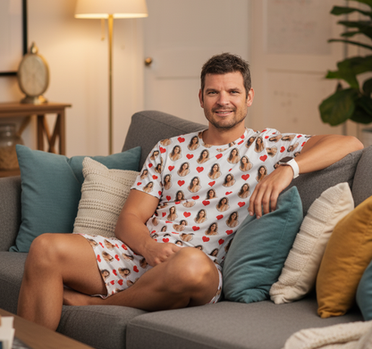Pijama Masculino Personalizado Branco com Fotos Presente Romântico Casal Visualização 3D Exclusiva