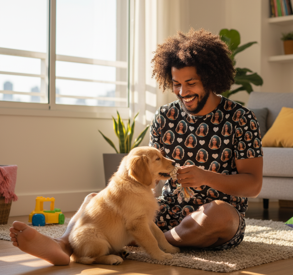 Pijama Masculino Personalizado Preto com Fotos Presente Namorado Marido Tecnologia Visualização 3D