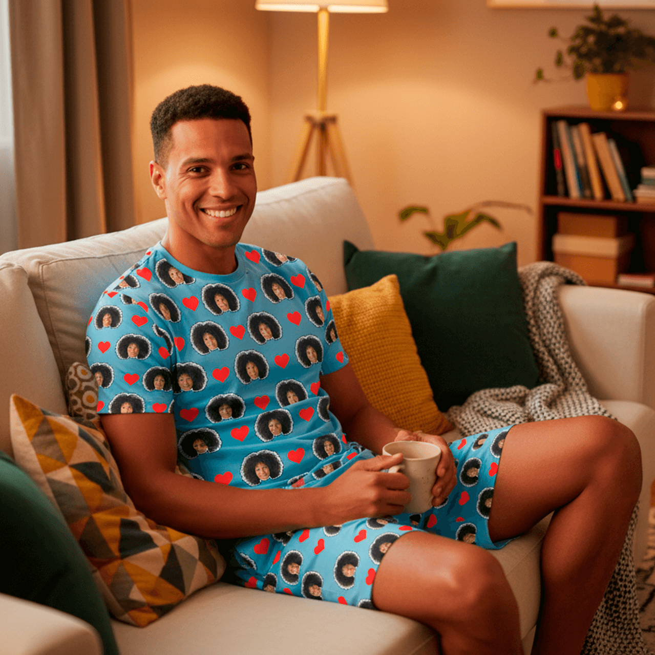 Pijama Masculino Personalizado Azul com Fotos Presente Aniversário Namoro Preview 3D Tempo Real