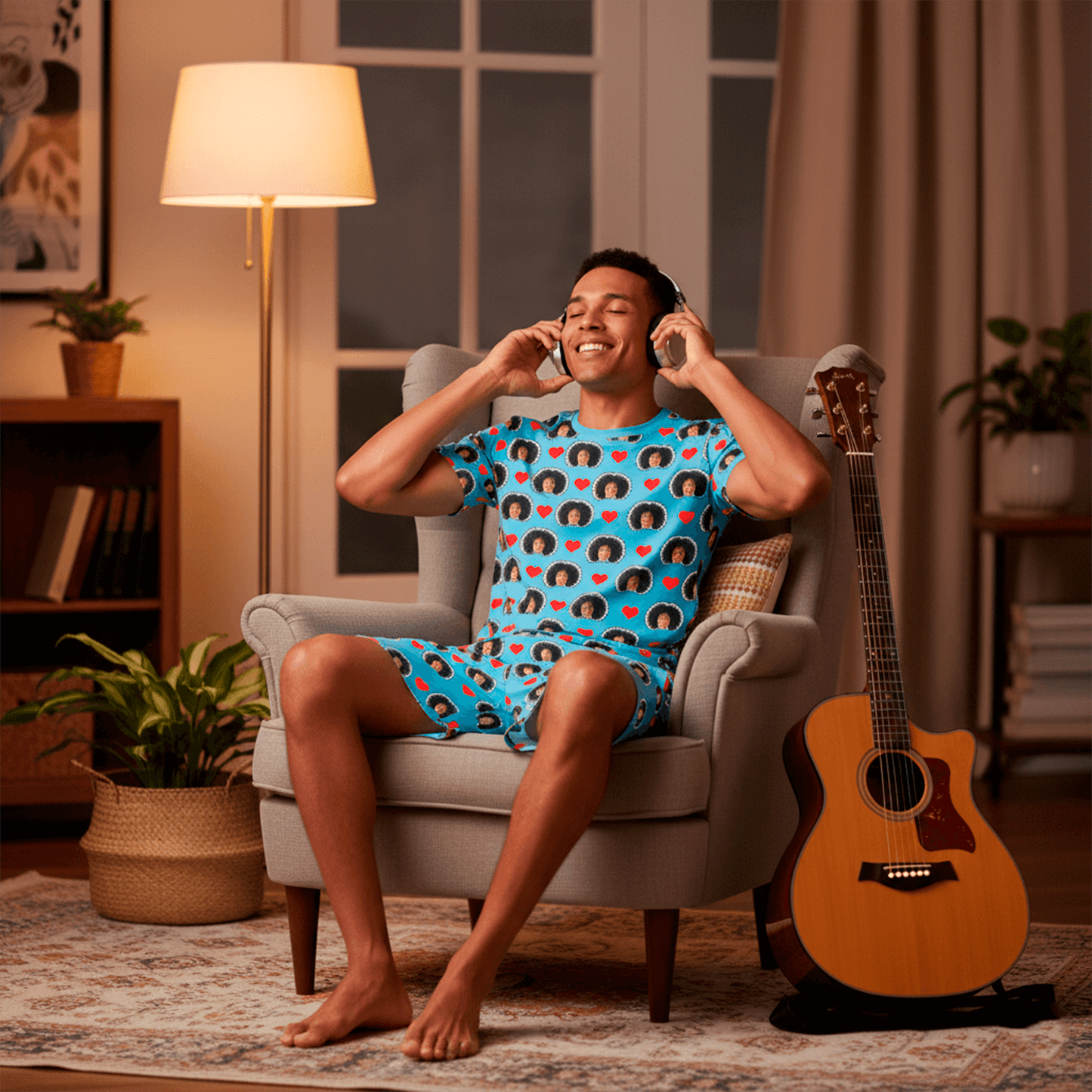 Pijama Masculino Personalizado Azul com Fotos Presente Aniversário Namoro Preview 3D Tempo Real