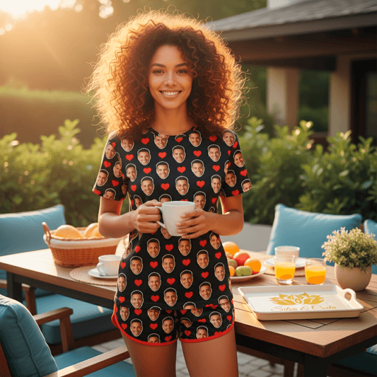 Pijama Feminino Personalizado Preto com Fotos - Presente Namorada Esposa