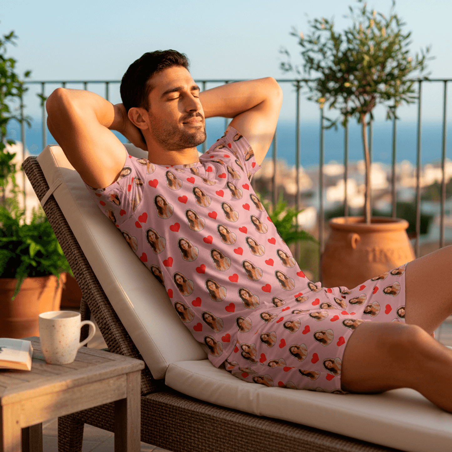 Pijama Masculino Personalizado Rosa com Fotos Presente Dia Namorados Personalização Visualização 3D