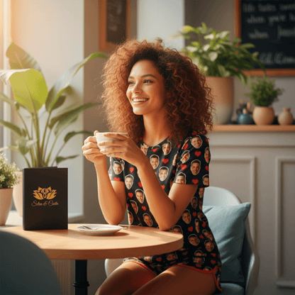 Pijama Feminino Personalizado Preto com Fotos - Presente Namorada Esposa