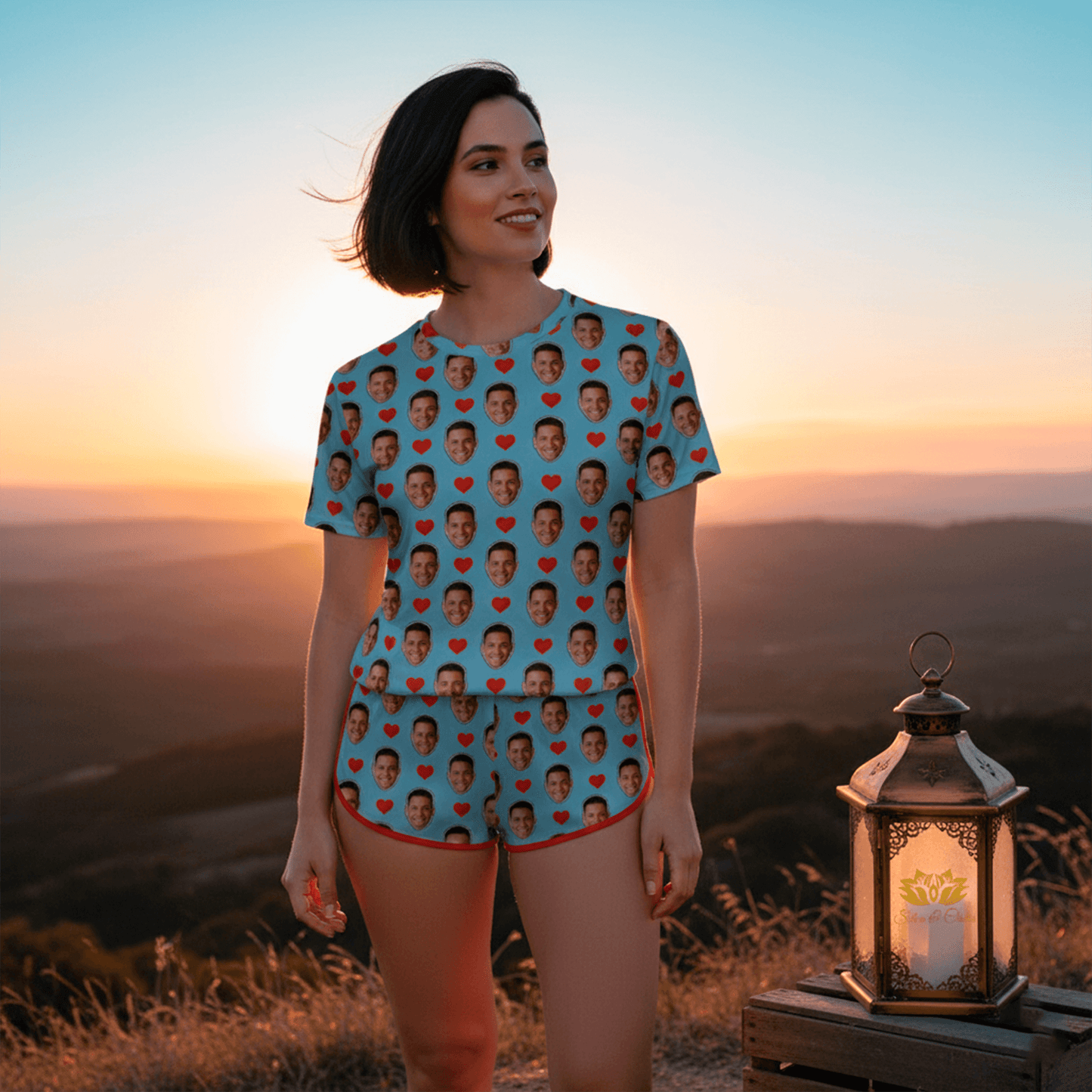 Pijama Feminino Personalizado Azul com Fotos Presente Aniversário Namoro