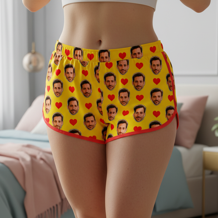 Shorts Doll Amarelo Personalizado Com Rostos e Corações Presente Casal
