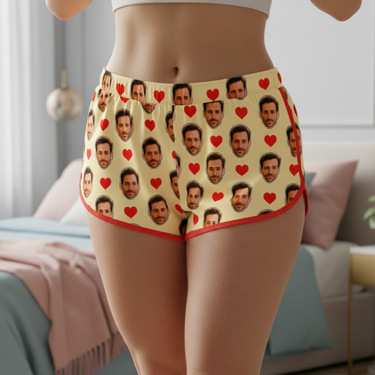 Shorts Doll Areia Personalizado Com Rostos e Corações Presente Casal