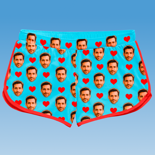 Shorts Doll Azul Personalizado Com Rostos e Corações Presente Casal